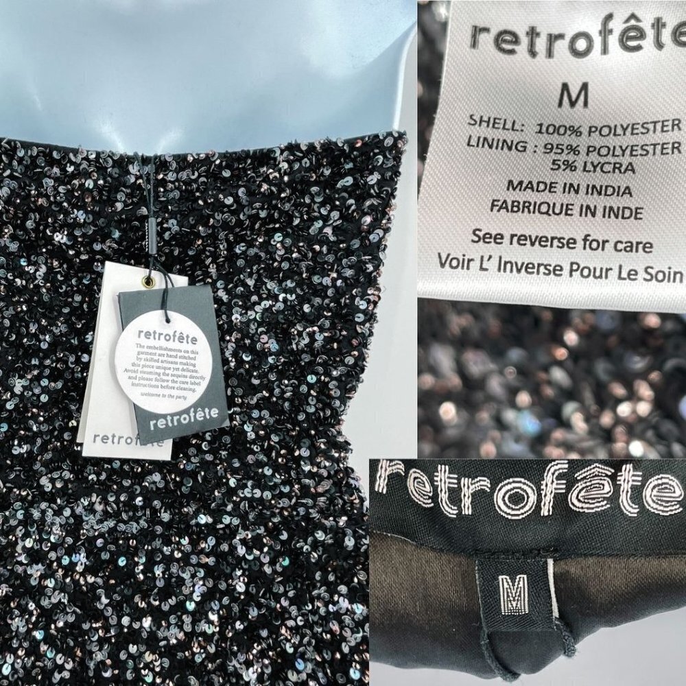 Retrofete Omer Sequin Mini Dress Strapless Asymmetrical Gunmetal Black V-Neck - Picture 12 of 12